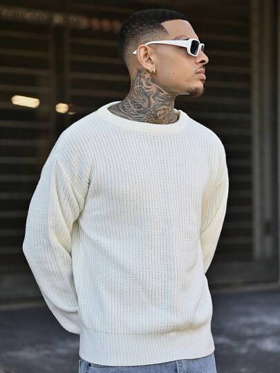 Devon Thys Men's Solid Color Crew Neck Long Sleeve Casual Pullover Sweater, Versatile For Daily Wear, Autumn/Winter , Fall