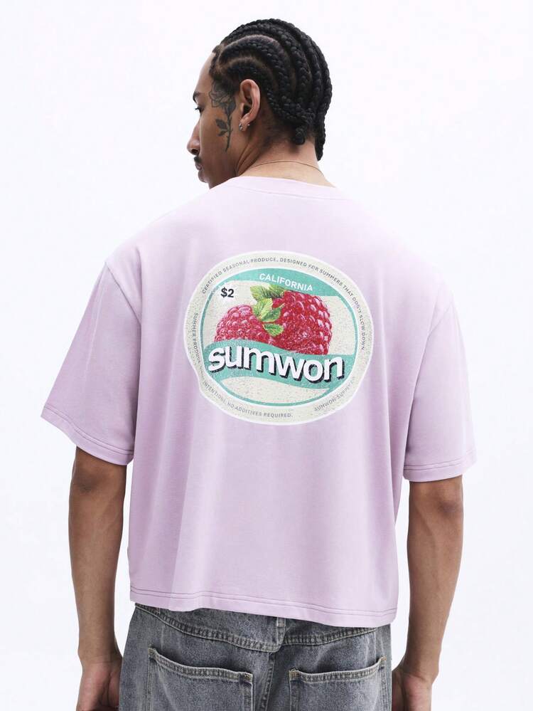 SUMWON Men's Lavender Box Fit Short Sleeve Crew Neck T-Shirt With California Fruit Label Print Summer Casual Boxy Style Tee