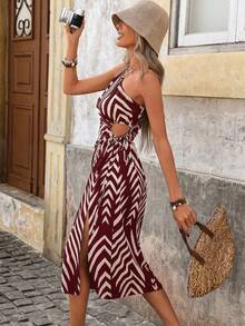 Brillora 女士夏季无袖露腰抽绳高开衩几何印花度假连衣裙 - 酒紅色 - 查看 4