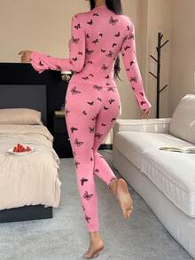 DAZY Charming Butterfly Print Fitted Women Pajama Set - Pink - View 2