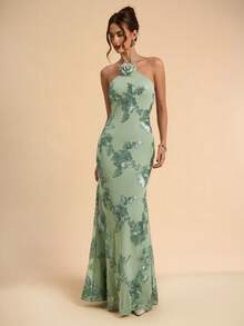 SHEIN BAE Sleeveless Backless Solid Green Textured Jacquard Dress, Elegant Fit And Flare Dress For Brunch, Wedding Guest, Cocktail Party, Vacation Beach - Green - View 5