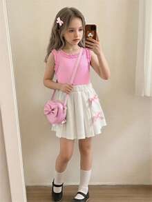 Genkimix Kids 2件套女童罗纹针织纯色无袖荷叶边下摆背心和迷你裙套装，适合休闲、度假、运动、夏季穿着 - 粉色 - 查看 7