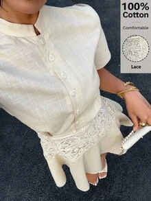 Siren Gaze Đầm ngắn cổ đứng bằng vải lanh mùa hè mới, đầm đi nghỉ mát thường ngày cho nữ, đầm phối ren, đầm đi biển, đầm ngắn bằng cotton, đầm dự tiệc cưới, đầm cotton cài cúc phía trước, đầm phối ren, đầm cổ tàu, đầm màu kem cho nữ, đầm tay ngắn cho nữ - Màu be - Xem 5