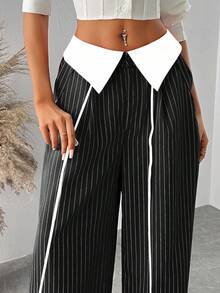 SHEIN SXY Quần kẻ sọc cạp cao màu đỏ cỡ lớn cho nữ, phù hợp mặc hàng ngày, công sở, đơn giản, đi làm, thanh lịch, giản dị, mua sắm, dạo phố, đi chơi, đơn giản và đa năng, dễ phối đồ và trông thon gọn, tôn dáng, tôn dáng, xuân/hè - màu đen - Xem 6