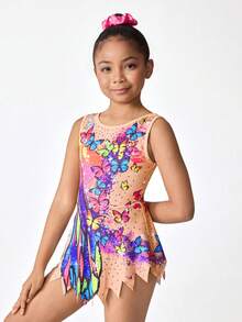 少女无袖印花体操服，舒适亲肤，贴身设计防止走光，适合艺术体操、学校舞蹈比赛等场合，四季皆宜，玫瑰红，圣诞节日图案，蝴蝶印花体操服 - 黑色 - 查看 8