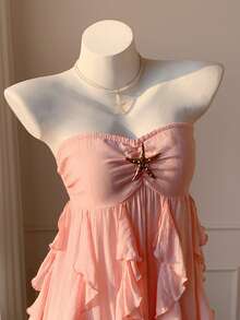 Comfortcana Women's Strapless Metal Starfish Decor Ruffle Hem Sexy Mini Dress, Fashionable For Dates And Parties, Summer Outfits For Women,Pink Dress - Pink - View 6