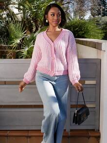 Yess Loren Women's Plaid Printed V-Neck Button-Up Cardigan, Long Sleeve - Multicolor - View 1