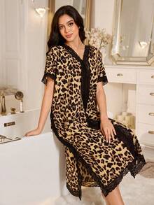 SHEIN Leopard Print Contrast Lace V-Neck Short Sleeve Elegant Ladies Nightgown - Multicolor - View 1