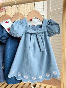 SHEIN Đầm ngắn tay in hoa thanh lịch cho bé gái, màu xanh dương - Màu xanh lam - Xem 4
