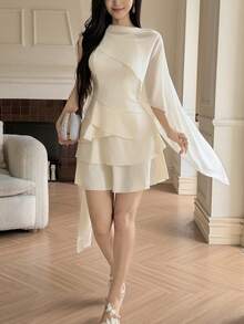 Modelyn Classic Elegant Sleeveless Shawl Collar Mini Dress For Women - Apricot - View 4