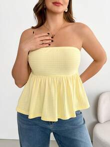SHEIN Essnce Áo quây màu vàng nhạt dành cho nữ cỡ lớn, thời trang xuân/hè, chất liệu co giãn, thoải mái, cơ bản, đa năng, tôn dáng, vải có họa tiết, thích hợp mặc hàng ngày, trang phục mùa hè, áo đi chơi, trang phục đi nghỉ mát, quần áo dễ thương cho người có đường cong quyến rũ. - Màu vàng - Xem 4
