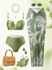 Swim Oasis 春夏三件套：提花针织吊带背心、泳裤和长款数码印花网纱裙，女士沙滩度假泳装休闲优雅套装 - 綠色 - 查看 1