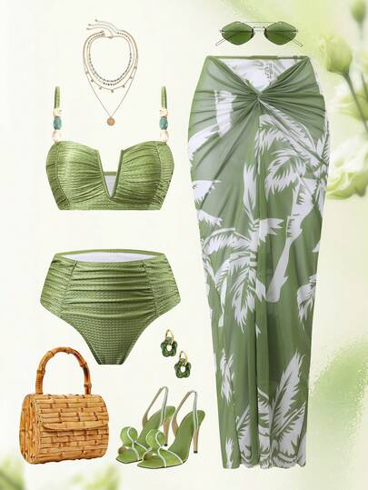 Swim Oasis Spring/Summer 3-Piece Set: Jacquard Knit Camisole, Swim Shorts, And Long Digital Print Mesh Skirt, Women's Beach Resort Swimwear Casual Elegant Set