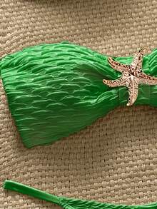 Swim Chiccia Conjunto de bikini sexy de 3 piezas con textura y diseño de estrella de mar sin tirantes - Verde - Ver 3