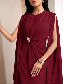 Veilorie Twist, Pleated Decor Button Waist Elegant Summer Dress - Burgundy - View 5
