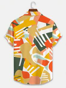 Manfinity RSRT 男士复古几何撞色短袖衬衫，男士度假风衬衫，撞色几何衬衫，百搭沙滩休闲上衣，夏季度假风衬衫 - 彩色 - 查看 4