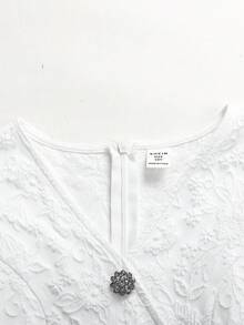 SHEIN Đầm chữ A màu trắng thanh lịch dành cho bé gái tuổi teen, chất liệu jacquard, cổ chữ V, tay áo xếp nếp, eo thon. - trắng - Xem 8
