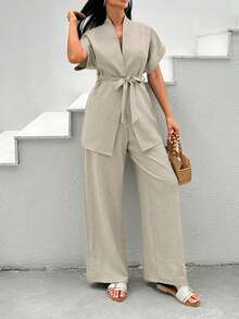 EURMUSE Bộ đồ nữ màu trơn, thắt eo, tay ngắn và quần ống rộng, kiểu dáng thường ngày. - Màu be - Xem 6