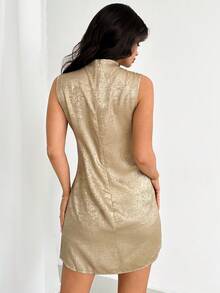 Firerie Women's Elegant Minimalist Fashion Commuter Urban Chic Music Festival Party Wedding Guest Holiday Birthday Party High Neck Draped Sleeveless Cinched Waist A-Line Gold Mini Dress, Suitable For Spring/Summer - Gold - View 2