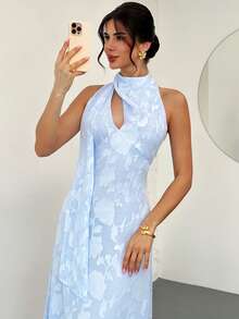 Firerie Women's Elegant Light Blue Long A-Line Dress,Flared Hollow-Out Waist Wedding Guest Bridesmaid Dress,Summer Tropical Holiday Vacation Holiday - Sky Blue - View 8