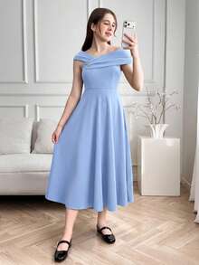SHEIN Teen Girls' Light Blue Cross V-Neck Waist Gathered A-Line Long Party Dress, Formal Gown - Baby Blue - View 3