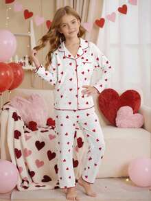 Genkimix Kids 女学生睡衣套装，可爱甜美的花卉爱心印花长裤和开衫，休闲两件套家居服，适合青少年女孩 - 彩色 - 查看 3