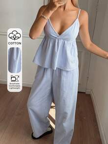 DAZY Women's Striped Camisole Top And Loose Pants Pajama Set, Suitable For Summer Beach Vacation - Blue - View 4