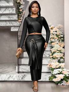 SHEIN Lady 女士优雅通勤修身上衣和半裙两件套 - 黑色 - 查看 6