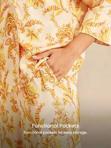 LUVLETTE Tropicoqueta Luxury Lounge Sleepwear Elegant Yellow & Gold Floral Pajama Set - Soft Satin Long-Sleeve Top & Pants With Trim Luxury Lounge Sleepwear - Yellow - View 4