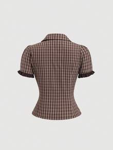 Sweetra Women's Plaid Short Petal Sleeve Single-Breasted Shirt, Spring/Summer - Coffee Brown - View 2