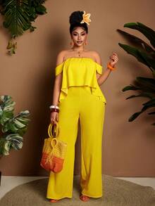 Maweii Plus Size Women's Casual Bohemian Style Vacation Solid Color Off-Shoulder Loose Wide Leg Jumpsuit, Spring/Summer - Yellow - View 2