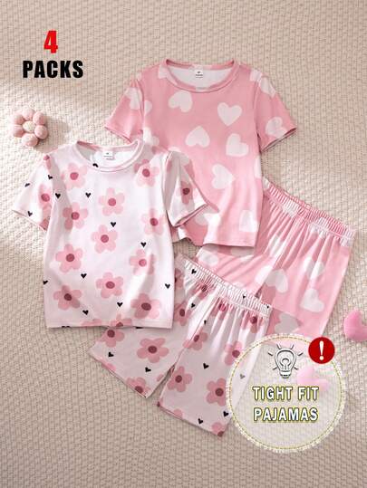 Young Girl' Purple Floral Print & Ice Cream Print Full Print Short Sleeve Shorts 2pcs Pajama Set Kids Summer Sleepwear Snug Fit Girls Multi Pack Clothes Heart Print Shorts Set Girls Pajama Set