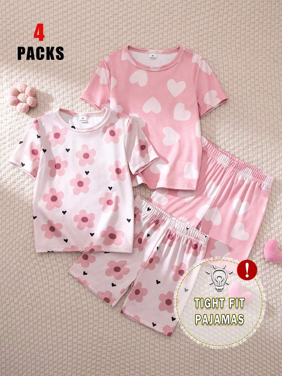 女童紫色花卉印花和冰淇淋印花全印花短袖短裤两件套睡衣 - 彩色 - 查看 1