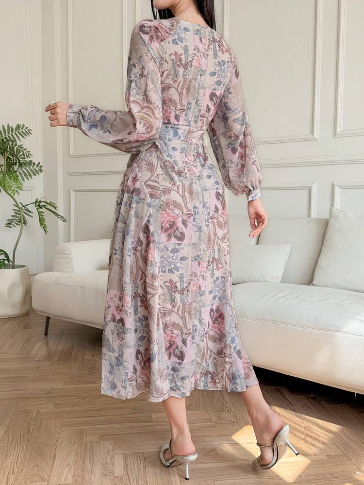 Women's Floral Print V-Neck Elegant Long Sleeve Dress,Valentine Outfits For Women Sundress