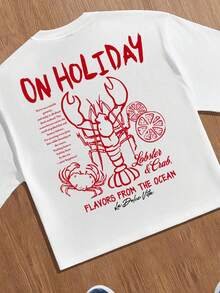 Manfinity Joysei 男士宽松短款T恤，休闲时尚虾蟹印花T恤，适合日常休闲或度假穿着 - 白色 - 查看 2