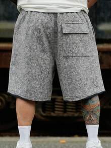 DAZY Men's Letter Print Washed Gray Elastic Waist Shorts, Summer - Grey - View 2