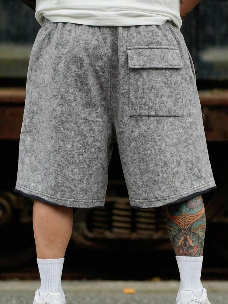 Men's Letter Print Washed Gray Elastic Waist Shorts, Summer