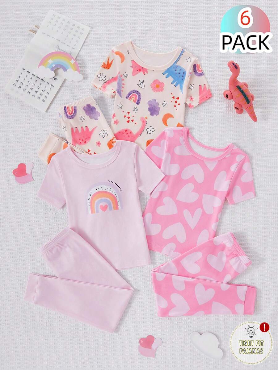 Genkimix Kids 6件套女童短袖修身睡衣套装，饰有蝴蝶结和爱心印花，弹性面料，可机洗，穿着舒适，易于打理（3套单独出售） - 彩色 - 查看 1