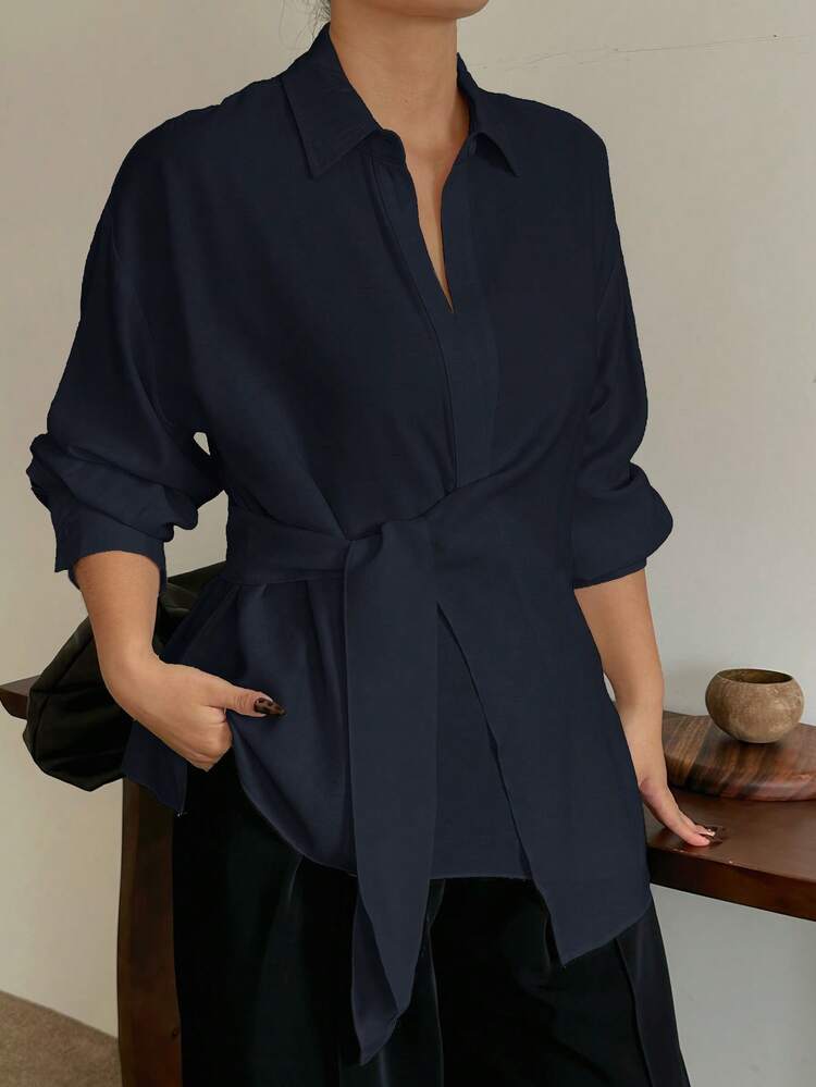 Dazy Plus Plus Size Women's White Long Sleeve Shirt With Turndown Collar, Half-Open Front, Drawstring Hem, Suitable For Spring And Autumn Summer