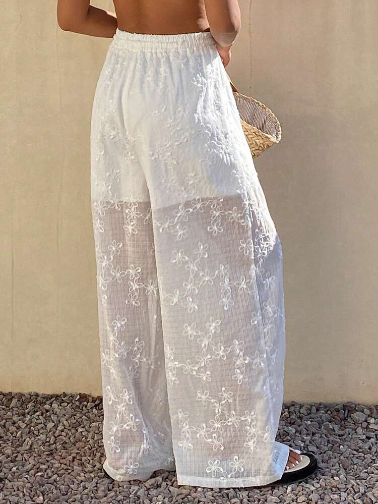 Solid Color Jacquard Textured Fabric Loose Wide Leg Pants, Elastic Waist Drawstring Casual Holiday Summer Trousers For Women