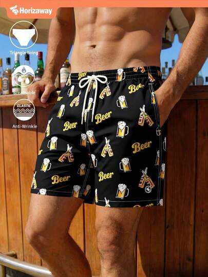Horizaway Men's Casual Beer Print Beach Shorts