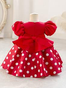 Glamorique Kids Đầm công chúa satin chấm bi tay cánh hoa cho bé sơ sinh và trẻ nhỏ - Màu Đỏ Sâu - Xem 2