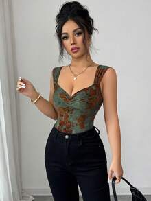 SHEIN Elenzya 女士针织提花褶裥连体衣 - 墨綠色 - 查看 4