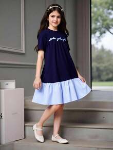 SHEIN 1件少女简约优雅学院风圆领短袖连衣裙，带蝴蝶结装饰下摆拼接设计 - 藏蓝色 - 查看 3