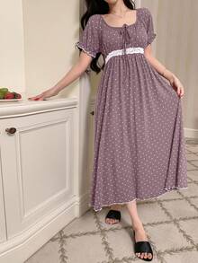 DAZY French Floral Ruched Tie-Up Lace Patchwork Waist Maxi Nightgown, Women Sleepwear Dress - Mauve Purple - View 4