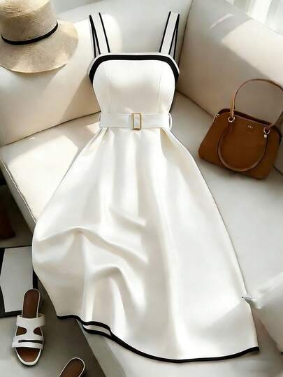 GlowEve Women's Fashionable Commuter Vintage Elegant Black & White Color-Block Square Neck French Style Casual Midi A-Line Dress, Spring/Summer