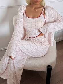 DAZY 3件套碎花撞色滚边女士睡衣套装 - 白色 - 查看 6