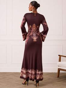 Lilora 女士优雅佩斯利印花圆领喇叭袖连衣裙 - 棕色 - 查看 6