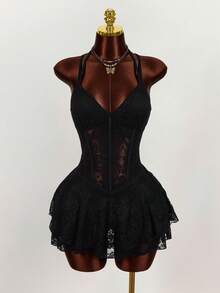 Amplova Đầm mini ôm sát cơ thể kiểu vintage mới, không tay, phối ren, xuyên thấu, hình trái tim ở ngực. - màu đen - Xem 2