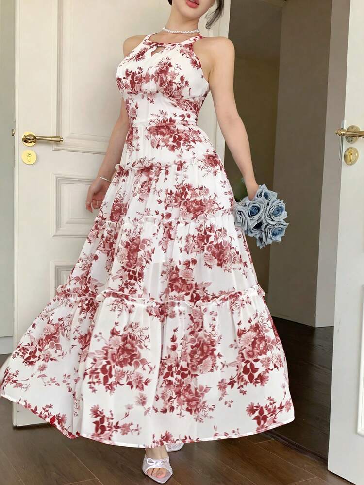 Elegant Sleeveless Round Neck Frill Trim Midi Dress For Women, Summer Boho